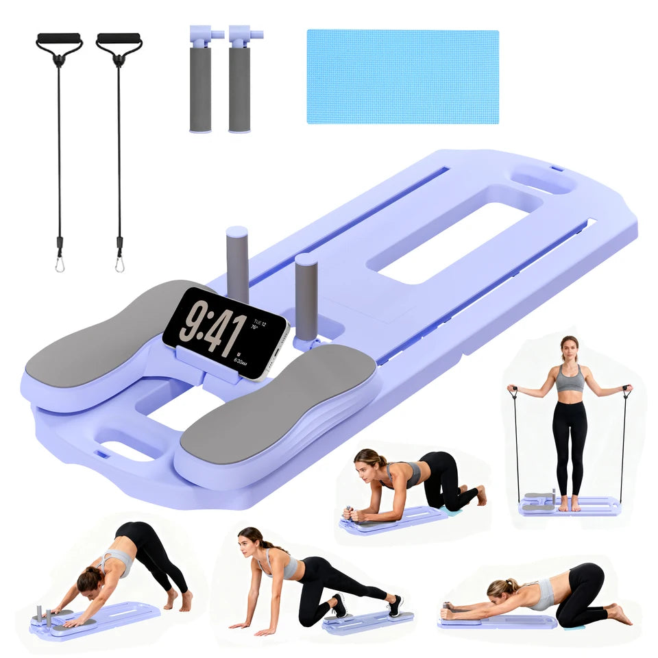 FoldMuse lilac foldable Pilates board and accessories
